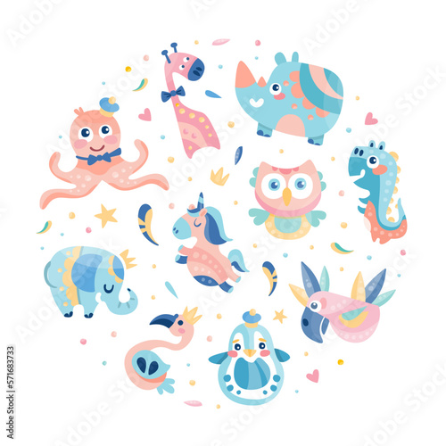 Baby anomals seamless pattern in circular shape. Childish background, banner, party poster in pastel colors vector illustration