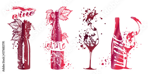 Collection of wine glasses and bottles - Wine Designs. Sketch vector illustration. Hand drawn elements for invitation cards, advertising banner and menu cards. Wine glasses with splashing wine.