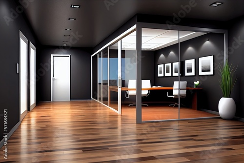 Modern glass office corridor with empty mockup place on dark wall  furniture and wooden flooring. Generative AI.