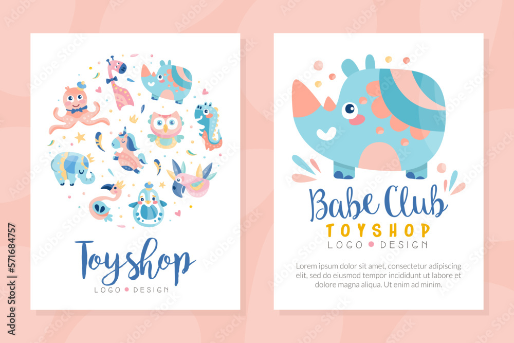 Tpy shop logo design. Baby club, education center, play zone labels, badges with cute animals and birds vector illustration Tpy shop logo design. Baby club, education center, play zone labels, badges with cute animals and birds vector illustration