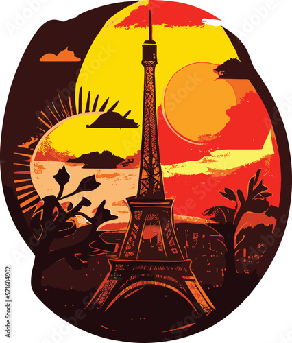 Silhouette of elfel tower at sunset. Vector image..