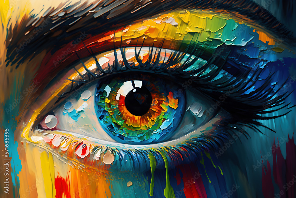Conceptual abstract picture of the eye. Oil painting in colorful colors. Conceptual abstract closeup of an oil painting - Generative AI