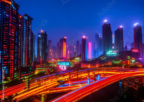 vivid color futuristic colorful lights city oil painting 