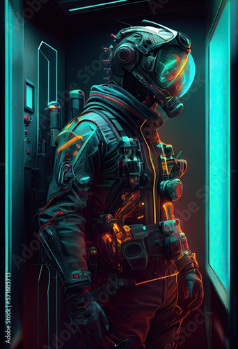 Cyberpunk male astronaut full body portrait photography, oculus futuristic vr glasses, neon colors, little teal accents. Generative AI.