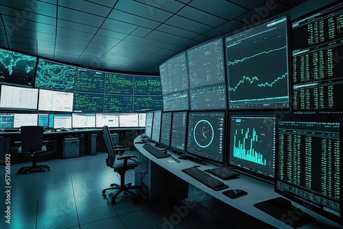 Imagine a bustling financial hub, where glowing screens displaying streams of market data and forex charts line the walls. generative ai.