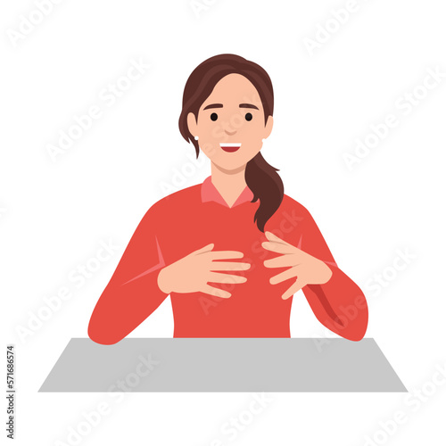 Young woman talking to viewer with happy face. Flat vector illustration isolated on white background