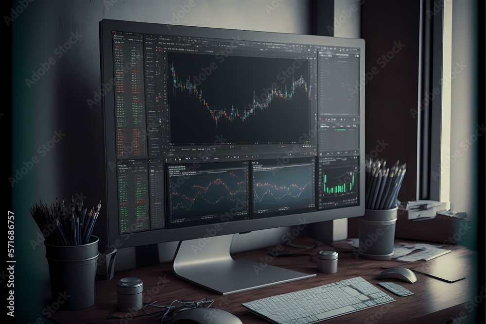 A computer monitor on a desk - Generative AI A computer monitor on a desk - Generative AI