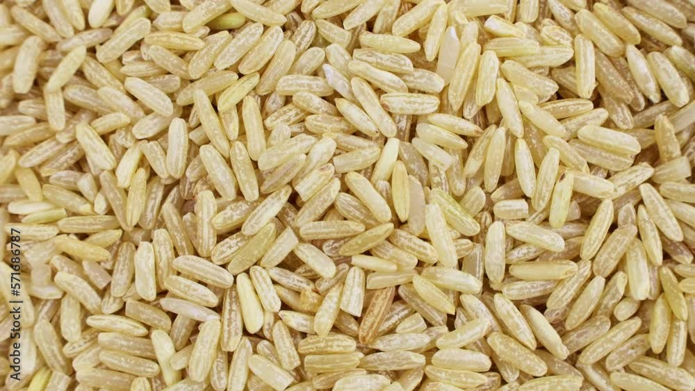 Top view of uncooked whole grain brown rice seeds circle rotation close up Top view of uncooked whole grain brown rice seeds circle rotation close up