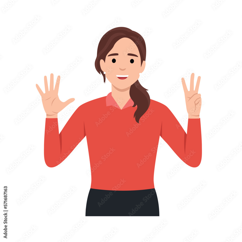 Young woman Character raise her hands to show the count number 8. Flat vector illustration isolated on white background Young woman Character raise her hands to show the count number 8. Flat vector illustration isolated on white background