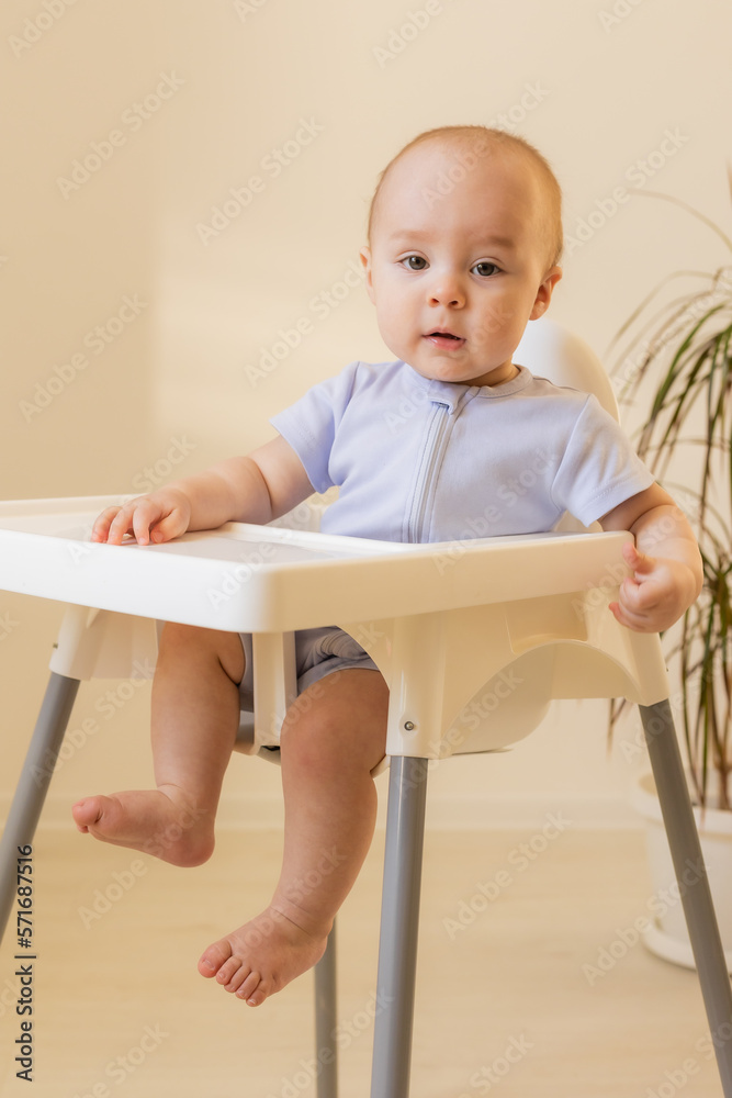a cute baby is sitting in a baby chair at home in the kitchen. Baby food, space for text a cute baby is sitting in a baby chair at home in the kitchen. Baby food, space for text
