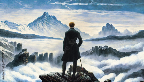 Print op canvas An elegant man facing mountain peaks over a sea of clouds, in the style of Caspa