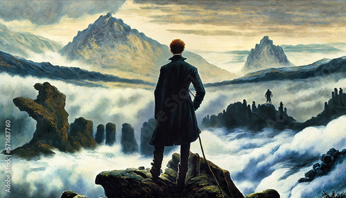 An elegant man facing mountain peaks over a sea of clouds, in the style of Caspar David Friedrich - generative ai photo