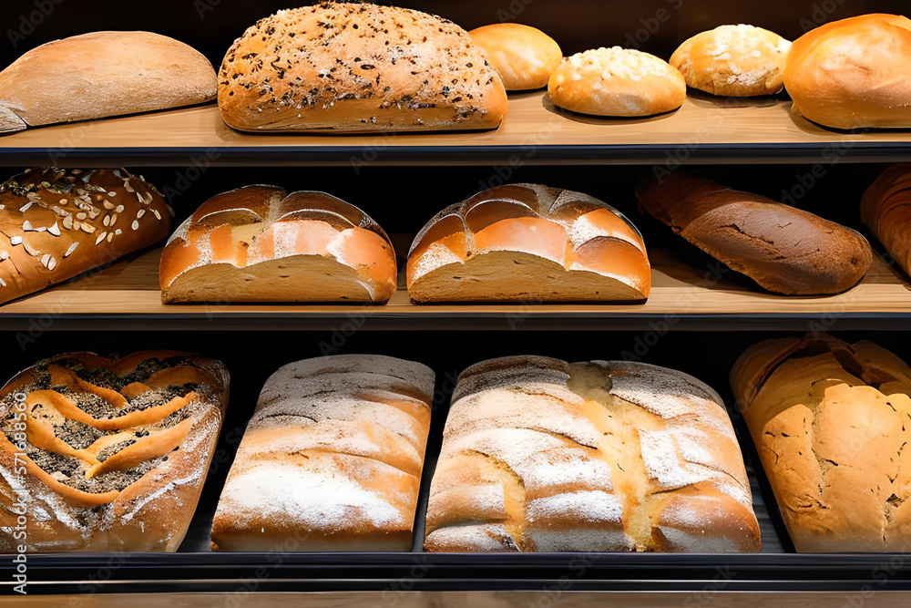 Various bread selling at the display bakery shop shelf.