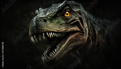 Close up on a The head of dinosaur in the dark background. High quality photo