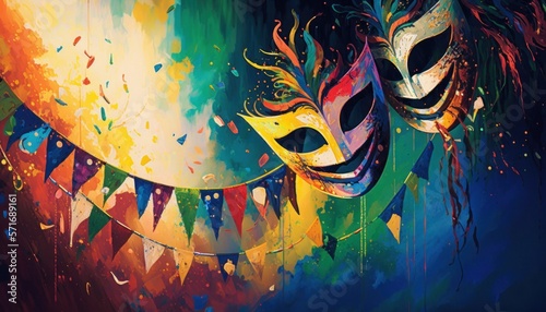 Festa de carnaval brasileiro, swing, máscara de carnaval com confete, porpurina e fantasia. GENERATIVE AI