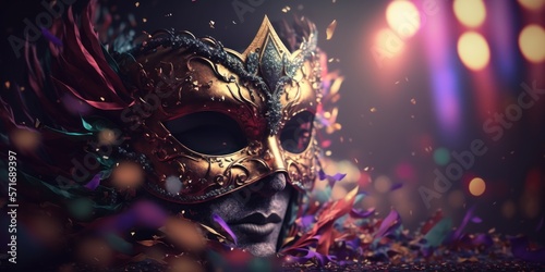 Festa de carnaval brasileiro, swing, máscara de carnaval com confete, porpurina e fantasia. GENERATIVE AI © nishihata