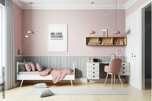 Modern stylish children bedroom interior in pastel colors. Bright daylight. Minimalistic design. AI