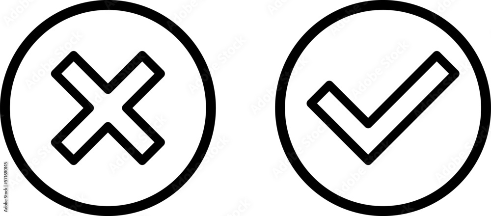 Yes and No or Right and Wrong or Approved and Declined Icons with Check Mark and X Signs in Black Line Circles. Vector Image. Yes and No or Right and Wrong or Approved and Declined Icons with Check Mark and X Signs in Black Line Circles. Vector Image.