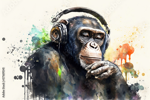 Chimpanzee monky listening to music and holding tablet. Watercolor drawing - Generative AI