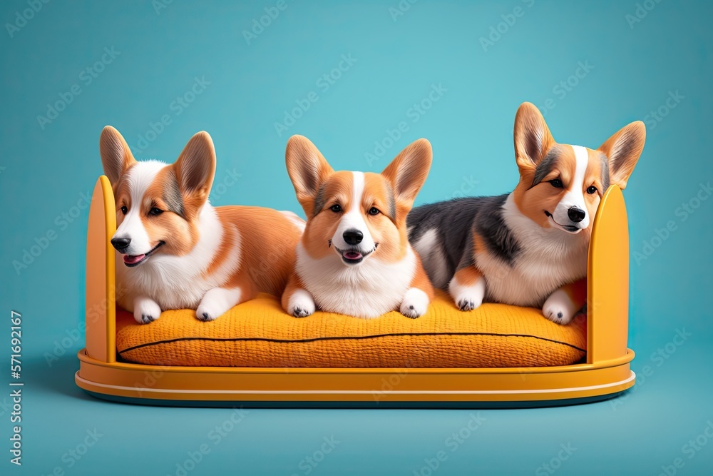 Cute corgi dogs with pet bed on color background generative ai