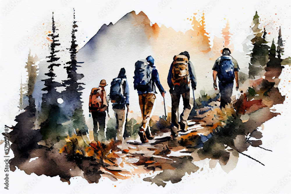 Hiking watercolor illustration, painting style travel concept art