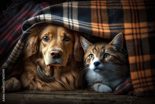 Dog and cat under a plaid. Pet warms under a blanket in cold autumn weather generative ai