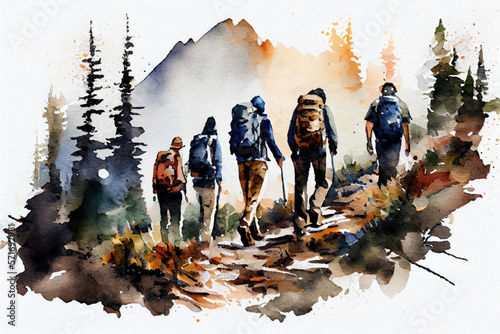 Hiking watercolor illustration, painting style travel concept art, generative ai