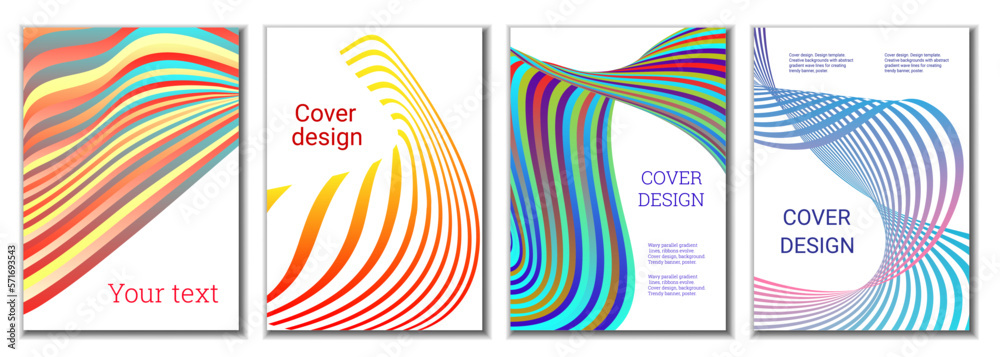 A set of 4 abstract covers. Wavy parallel gradient lines, ribbons evolve. Cover design, background. Trendy banner, poster.