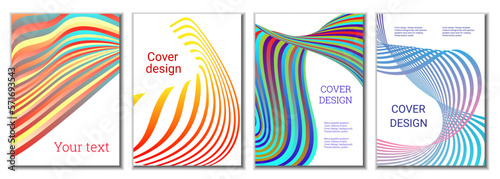 A set of 4 abstract covers. Wavy parallel gradient lines, ribbons evolve. Cover design, background. Trendy banner, poster.