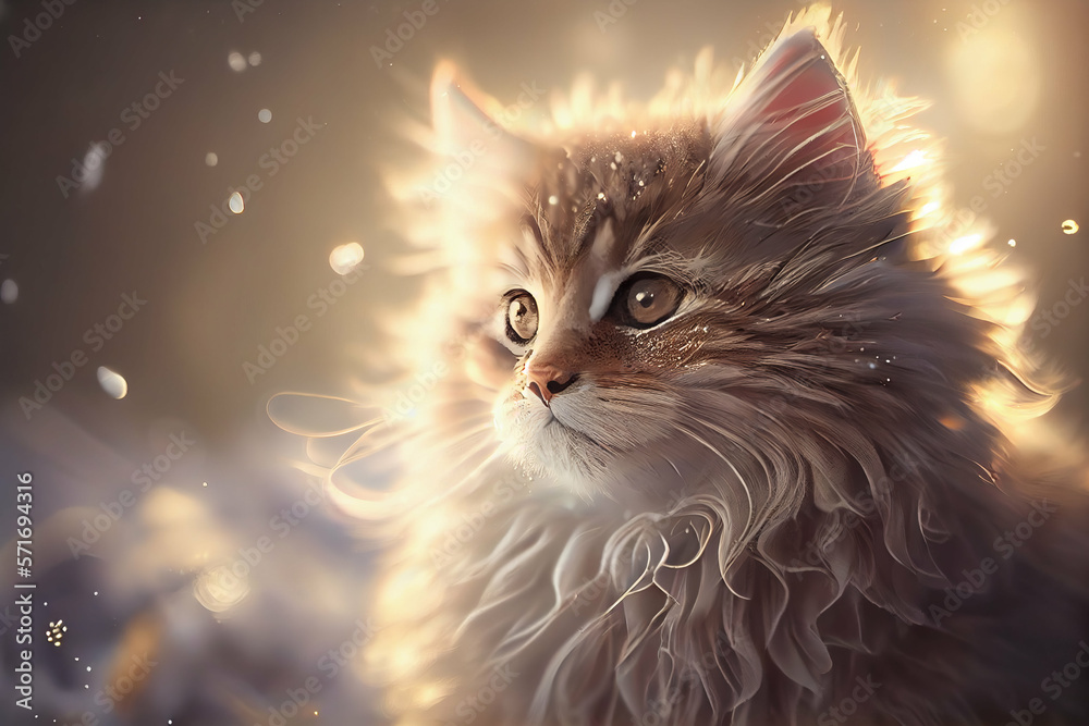 Cute small kitten in snow in sunlight. Kids book fantasy illustration. Generative AI digital art.