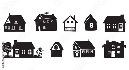 Collection of cute house illustration set. Vector set of village buildings in rustic homestead style. 