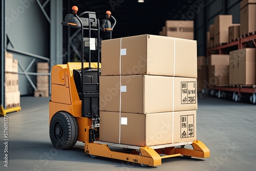 Large cargo shipment pallets. Hand pallet truck with stacked cardboard boxes wrapping plastic on pallet at warehouse dock. warehouse industry freight, logistics and transport generative ai © 3D Station