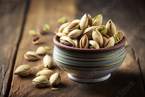 pistachio in shell nuts in bowl on wooden table background generative ai photo