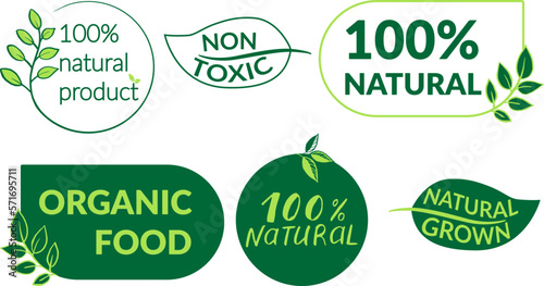 Vector natural, organic food, bio, eco labels and shapes on a white background. Icon set