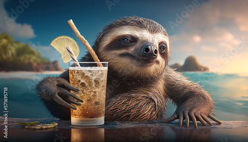sloth with a cocktail on the beach. Generative AI