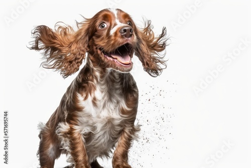 Pure youth crazy. English cocker spaniel young dog is posing. Cute playful white-braun doggy or pet is playing and looking happy isolated on white background generative ai