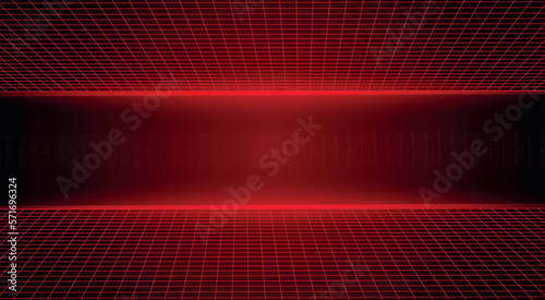 Abstract black red gaming background with modern luxury grid pattern retro vapor synthwave smoke fog, neon red light ray and triangle stripes line paper cut style