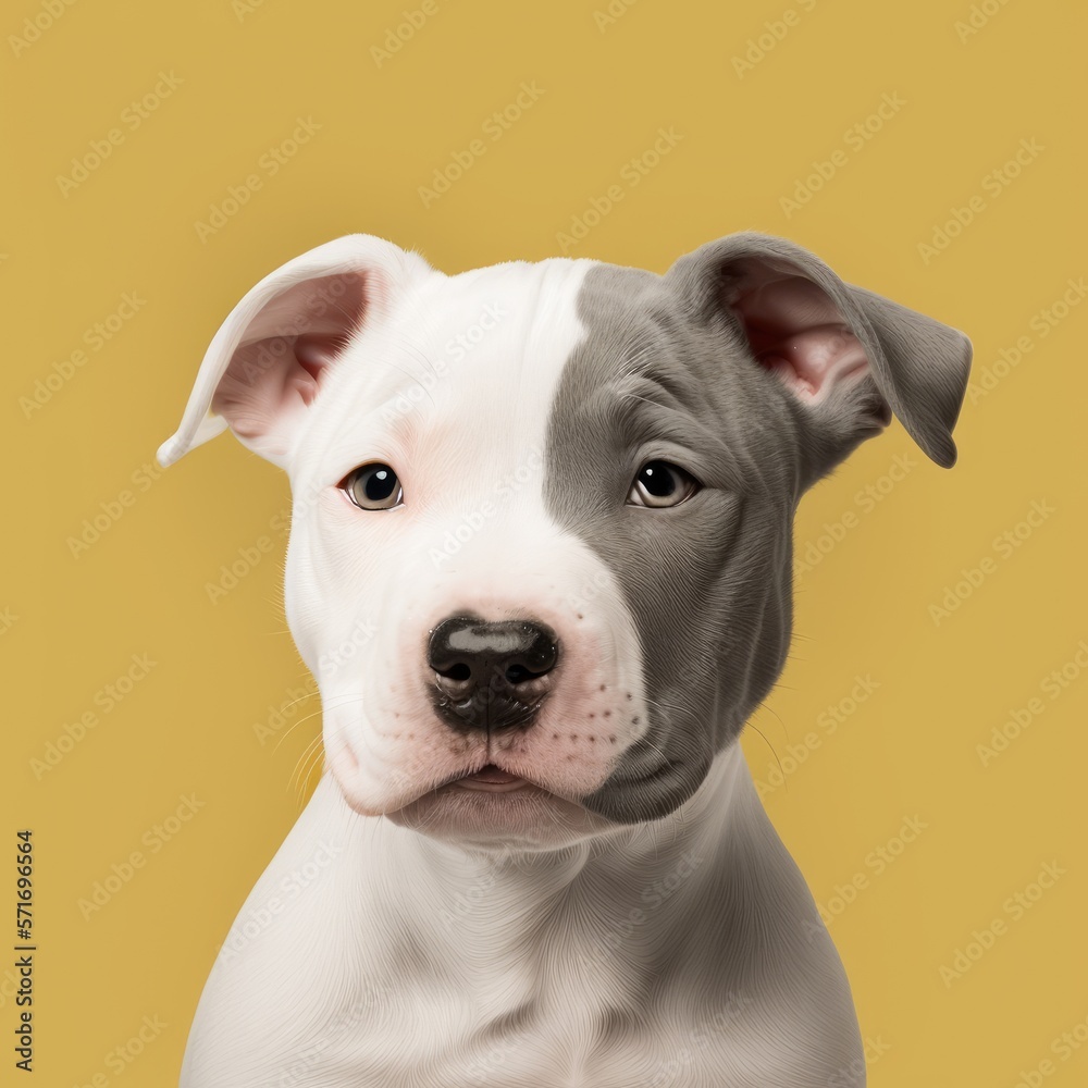 Studio shot of a gray and white pit bull puppy on yellow background generative ai