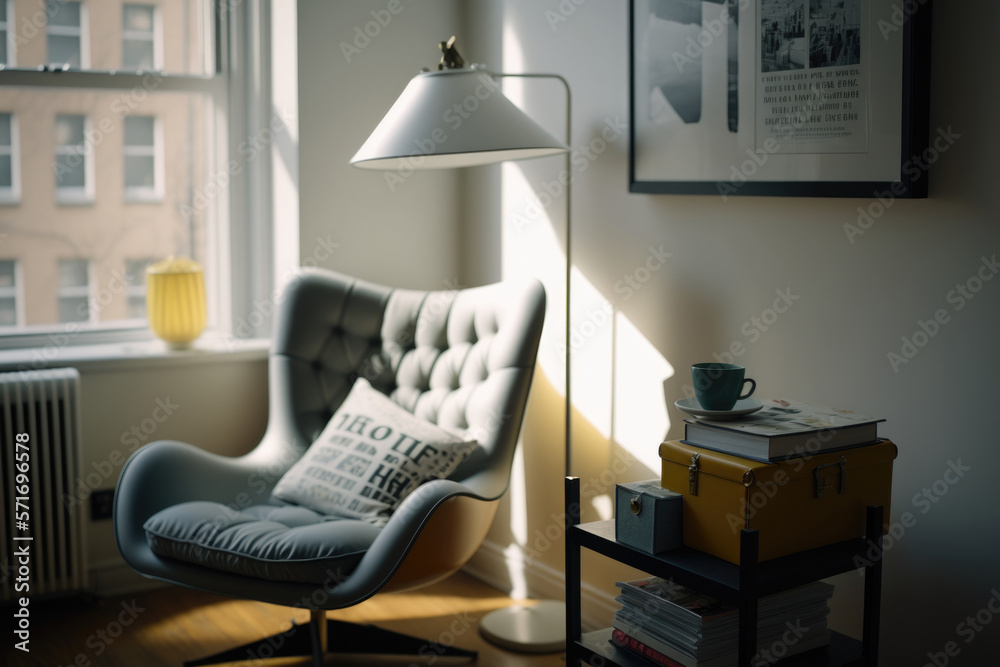 modern reading nook in an apartment. Illustration Generative AI - obrazy, fototapety, plakaty 