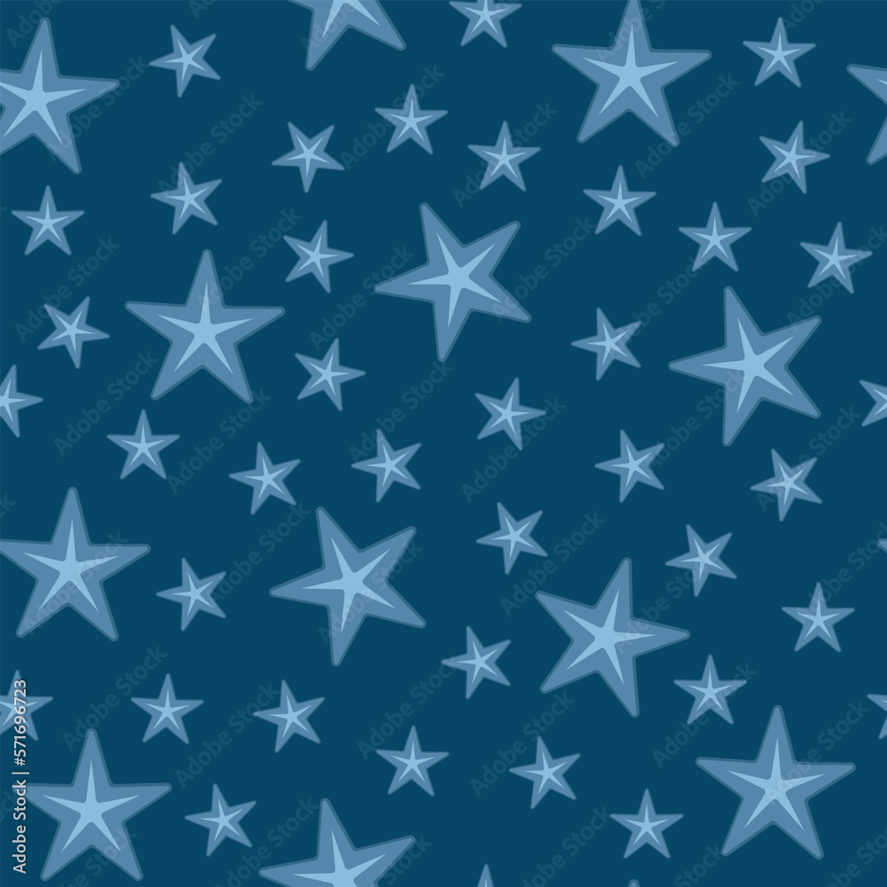 Stars of different sizes on a dark blue background. Sea stars. Seamless pattern. Children's background. Vector illustration. Stars of different sizes on a dark blue background. Sea stars. Seamless pattern. Children's background. Vector illustration.