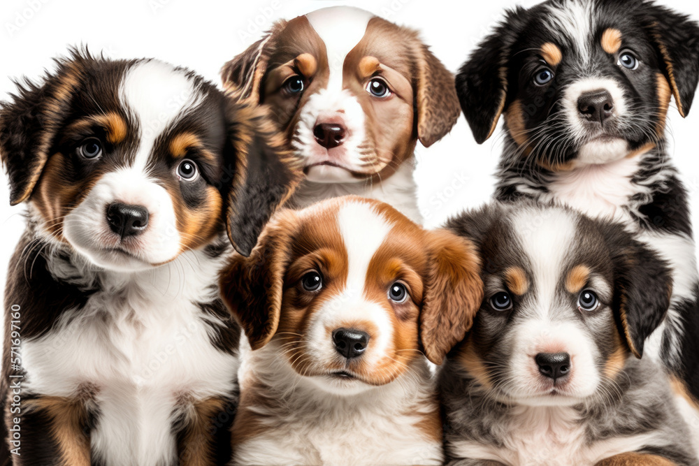 Group portrait of adorable puppies close-up photography. Illustration Generative AI