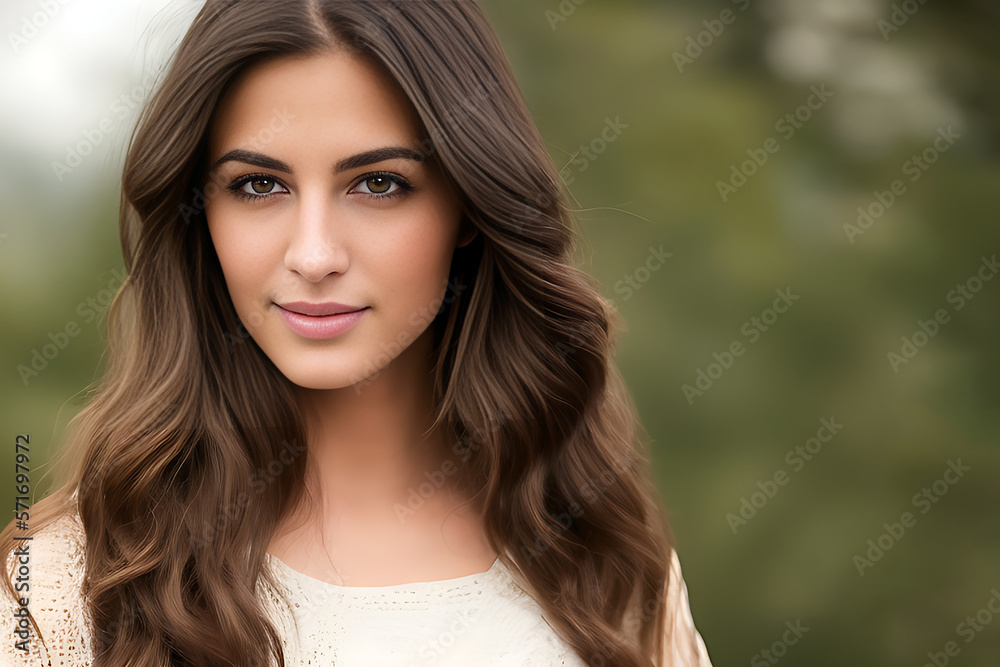 Close up portrait of a beautiful young teenager woman with long hair outside. Picture for Marketing, Health, Skincare campaign created with Generative AI Close up portrait of a beautiful young teenager woman with long hair outside. Picture for Marketing, Health, Skincare campaign created with Generative AI