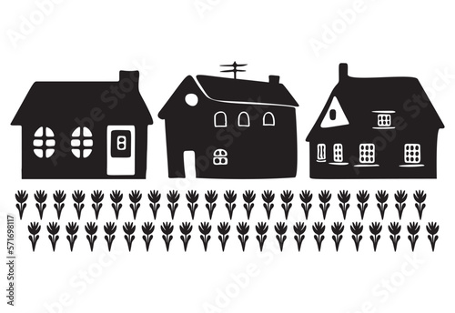 Collection of cute house illustration set. Vector set of village buildings in rustic homestead style. 