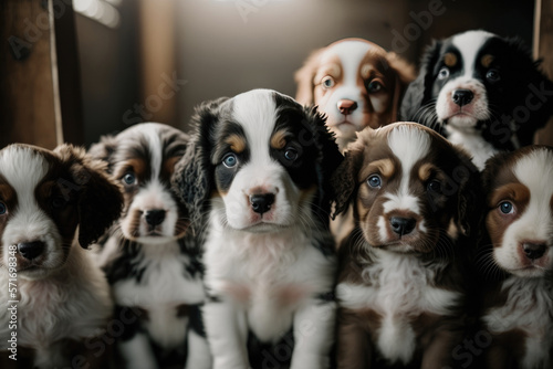 Group portrait of adorable puppies close-up photography. Illustration Generative AI