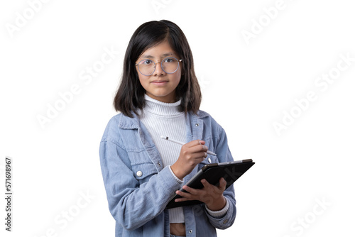 portrait of a Mexican young girl with tablet and stylus pencil, e-learning
