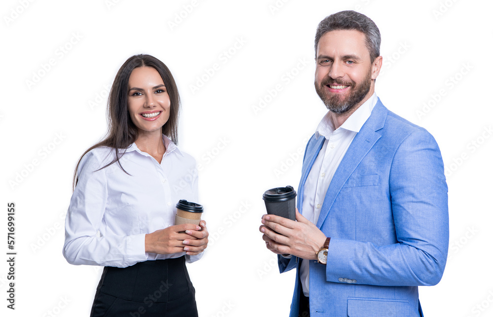 positive business colleagues at coffee break isolated on white. business colleagues at coffee break