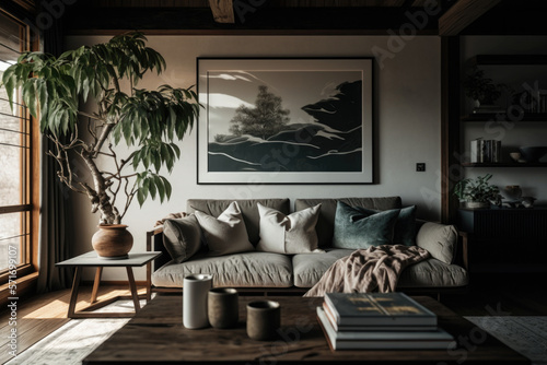 Living room in japandi interior design.