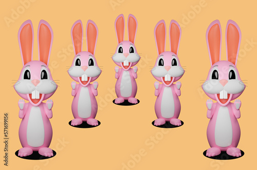 Group of pink rabbits on yellow background. 3D model of a pink funny rabbit