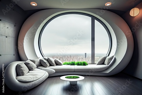 In the living room of this sleek, modern spaceship, a large window takes up an entire wall, offering stunning views. The furniture is simple yet refined, with clean lines and metal finishes. Generativ © Hui
