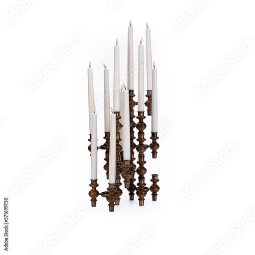 Obraz na płótnie Tall arrangement of wooden candle holders with white taper candles